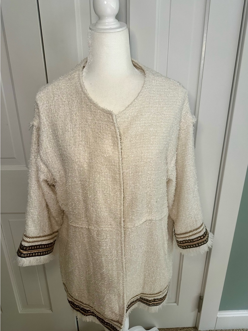 Together Cream Bouclé Open Front Jacket with Brown Trim